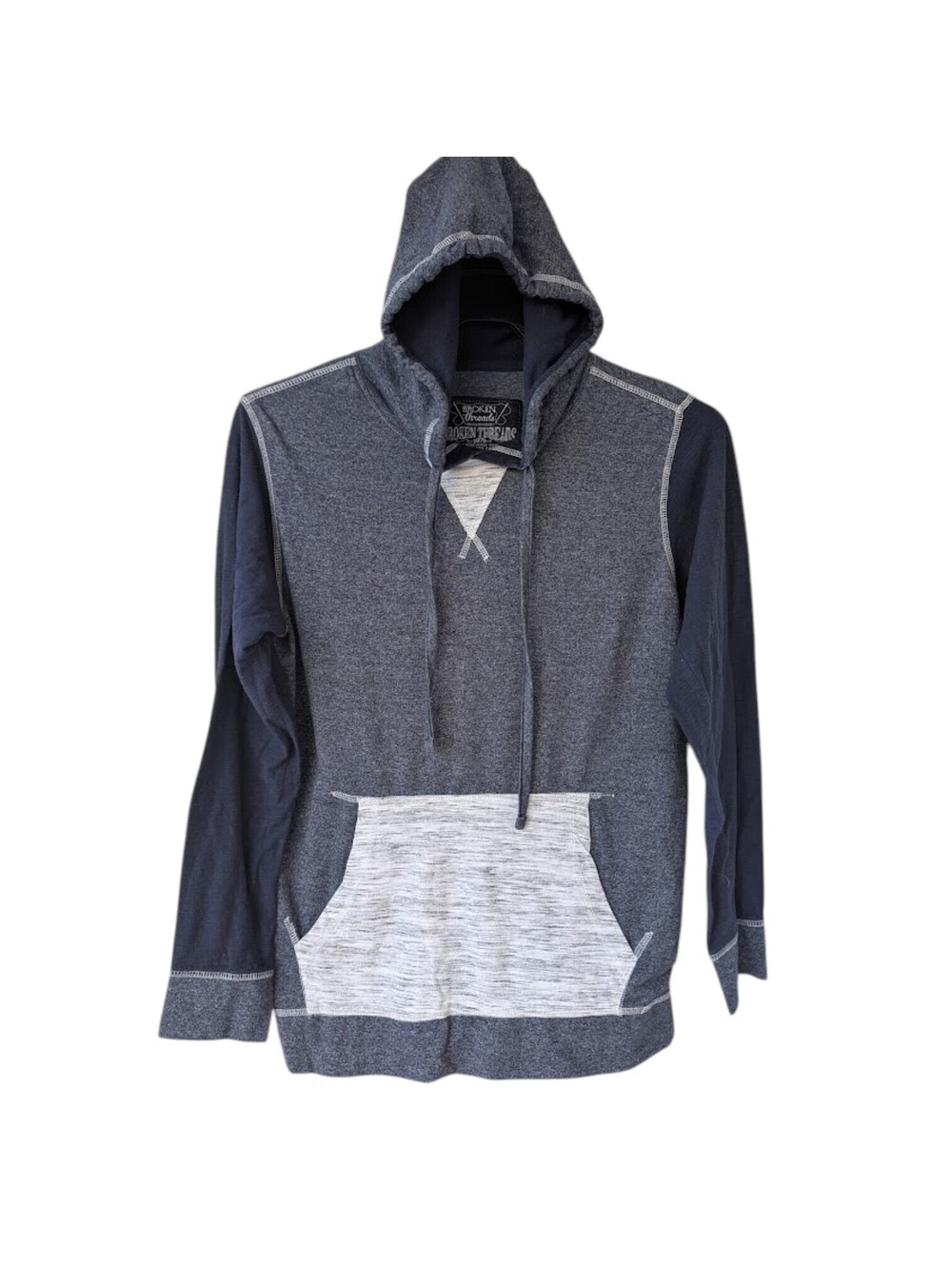 Broken Threads Hoodie M Gray Navy Colorblock Cotton Pullover Sweatshirt 20x27